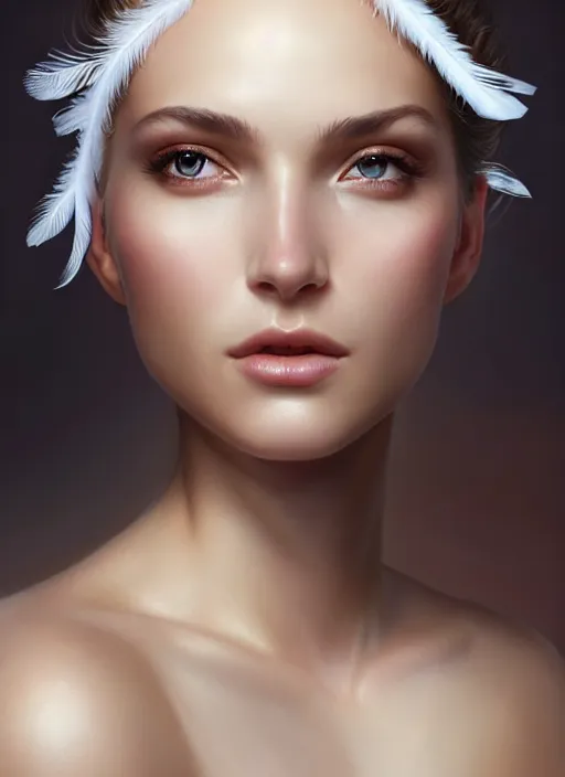 Image similar to a gorgeous female photo, professionally retouched, soft lighting, wearing a feather dress, realistic, smooth face, perfect eyes, wide angle, sharp focus on eyes, 8 k high definition, insanely detailed, intricate, elegant, art by artgerm and greg rutkowski and mark hill