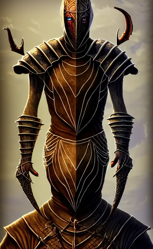 Prompt: hyperrealistic morrowind dunmer male nerevarine in front of a silk strider, 3 / 4 portrait, symmetrical face, handsome face, full body dnd character portrait, medieval armor, morrowind armor, oblivion armor, skyrim armor, eso armor, intricate, highly detailed, elegant, 4 k, artstation, deviantart