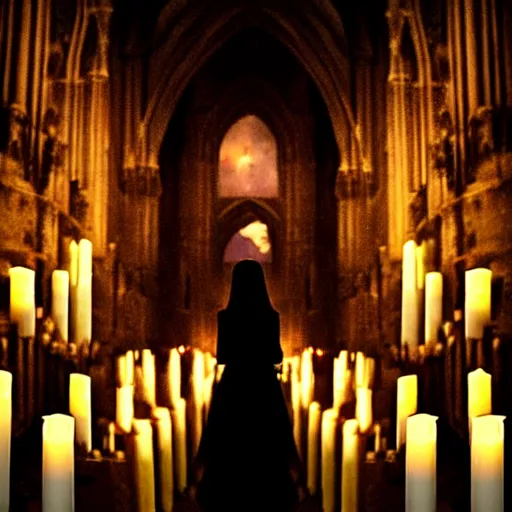 Image similar to a photograph of a beautiful gothic girl inside a dark gothic cathedral illuminated by candles, impressive scene. grainy and rough. soft colour scheme.