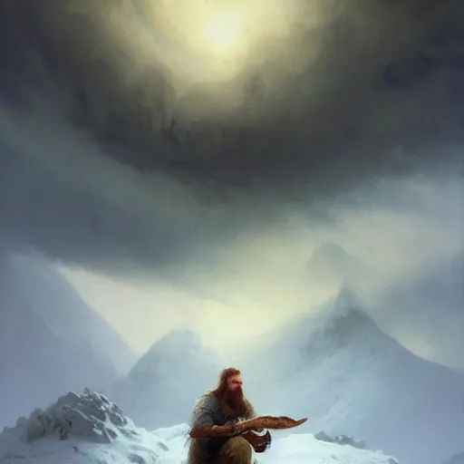 Image similar to epic portrait an male viking eating loaf of bread, winter, blizzardy weather, mountains backround, long blonde beard, snowy hair, broad light, ambient occlusion, volumetric light effect, made by ivan aivazovsky, peter mohrbacher, greg rutkowski, matte painting, trending on artstation, 4 k, perfectly defined features, digital painting,