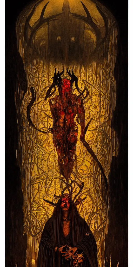 Image similar to intense glowing black metal pagan god with horns and veins and intense glowing eyes and a blood skull in very dark wooden cathedral by beksinski and alphonse mucha and artgerm and karol bak, portrait, fantasy, clear, light beams, lens flare, intense, uhd, amazing depth, cinematic lighting, shining gold and black and red