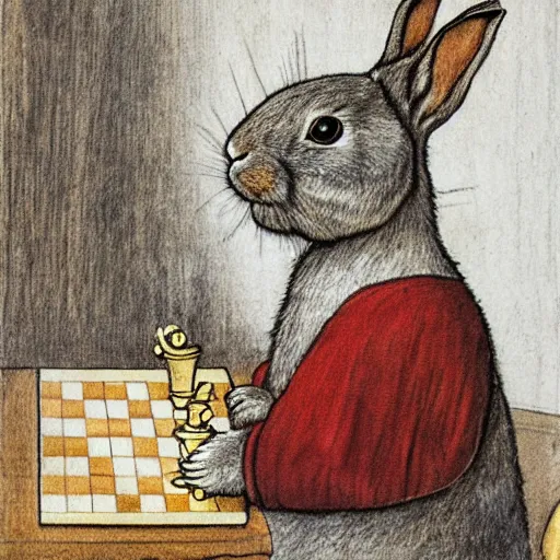 Prompt: a rabbit sitting on a chessboard, in the style of carl larsson