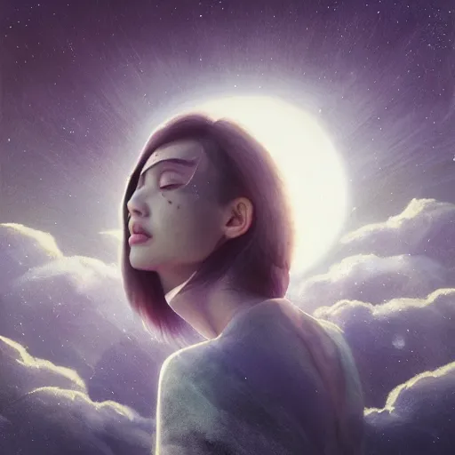 Prompt: 3 d, sci - fi, cinematic, night, moon, smiling fashion model face, moon rays, clouds, vogue cover style, realistic painting, intricate oil painting, high detail illustration, figurative art, multiple exposure, poster art, 3 d, by tooth wu and wlop and beeple and greg rutkowski