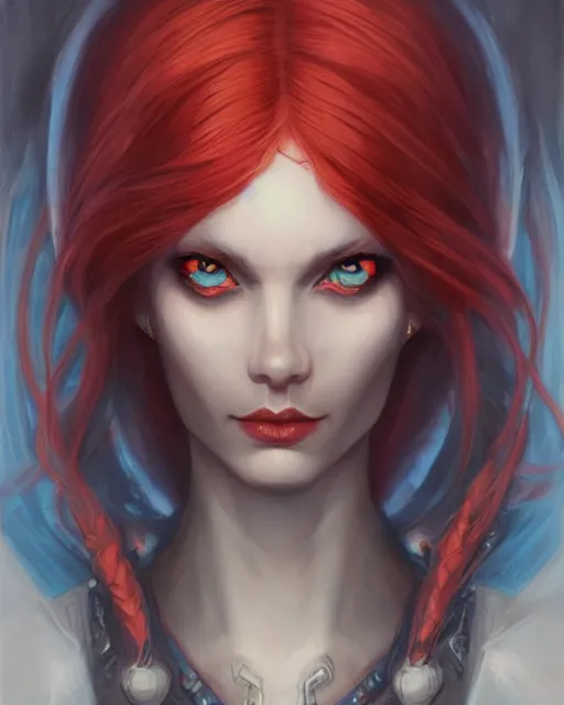 Prompt: A detailed matte oil on canvas head on symmetrical portrait of a distinguished elven woman with a blue eye and a red eye, and red and blue hair by Charlie bowater and lise deharme wlop, trending on artstationhd, dungeons and dragons art critical role