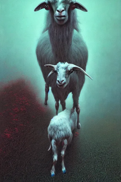 Image similar to painting of hybrid between human andy milonakis and a goat, by zdzislaw beksinski, by tiffany bozic, cold hue's, warm tone gradient background, concept art, beautiful composition, digital painting