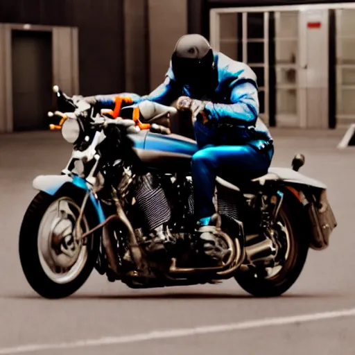 Prompt: Film still of 'Cyborg Man 2045' (2012). Motorcycle chase scene. Sigma 85mm f/1.4