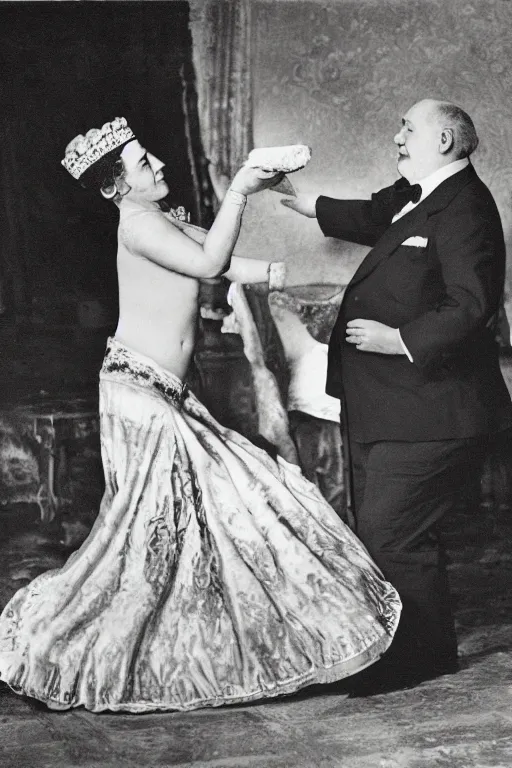 Prompt: historical photo of queen margherita ( savoy ) dancing with a fat old man with a pizza for a head, full body, portrait photo, diffuse light, acclaimed masterpiece