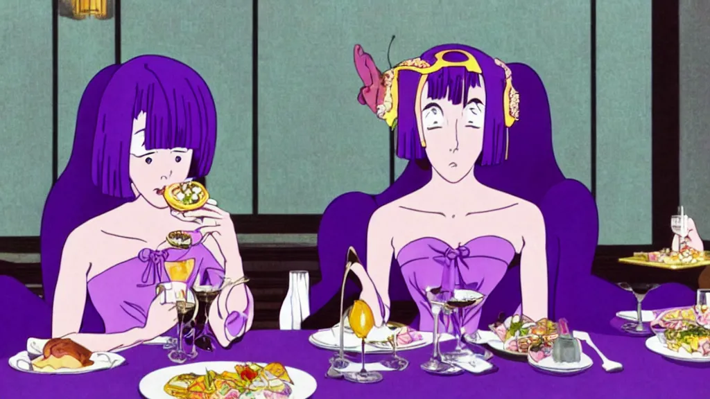 Prompt: a woman wearing a purple dress and wearing a purple slug mask eating dinner at a fancy French restaurant in Tokyo, anime film still from the an anime directed by Katsuhiro Otomo with art direction by Salvador Dalí, wide lens