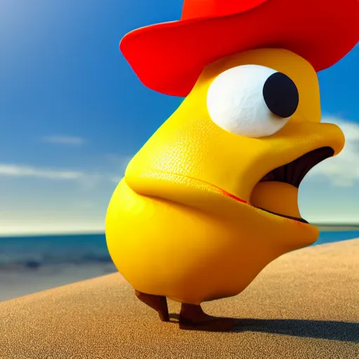 Image similar to 3 d render, of anthropomorphic lemon character with an angry look on his face, he is wearing a hat, relaxing on the beach at sunset, beach, waves, sun, rim light, cinematic photography, professional, sand