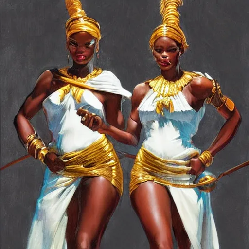 Image similar to : Zulu goddesses holding hands, fanart + digital art + art by J.C. LEYENDECKER + 4K UHD IMAGE + STUNNING QUALITY