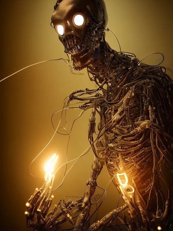 Image similar to ! dream fine painting of a cyborg from an alien culture with wires growing from his body, candlelight, 8 k, ultra realistic, lens flare, atmosphere, glow, detailed, intricate, full of colour, cinematic lighting, trending on artstation, 4 k, hyperrealistic, focused, extreme details, unreal engine 5, cinematic, masterpiece