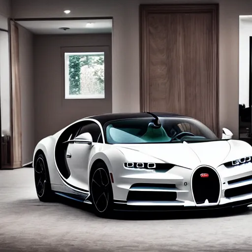 Image similar to High-quality photography of a Bugatti Chiron in an livingroom on dining table, shot on iPhone