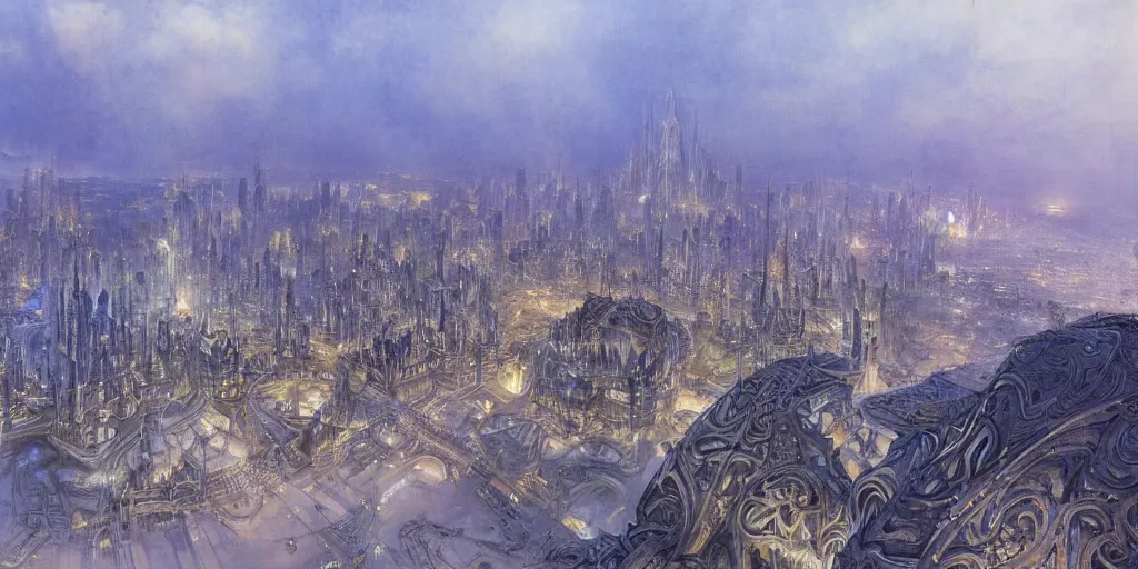 Image similar to a beautiful painting of epic fantasy islamic city and zaha hadid city by alan lee, trending on artstation