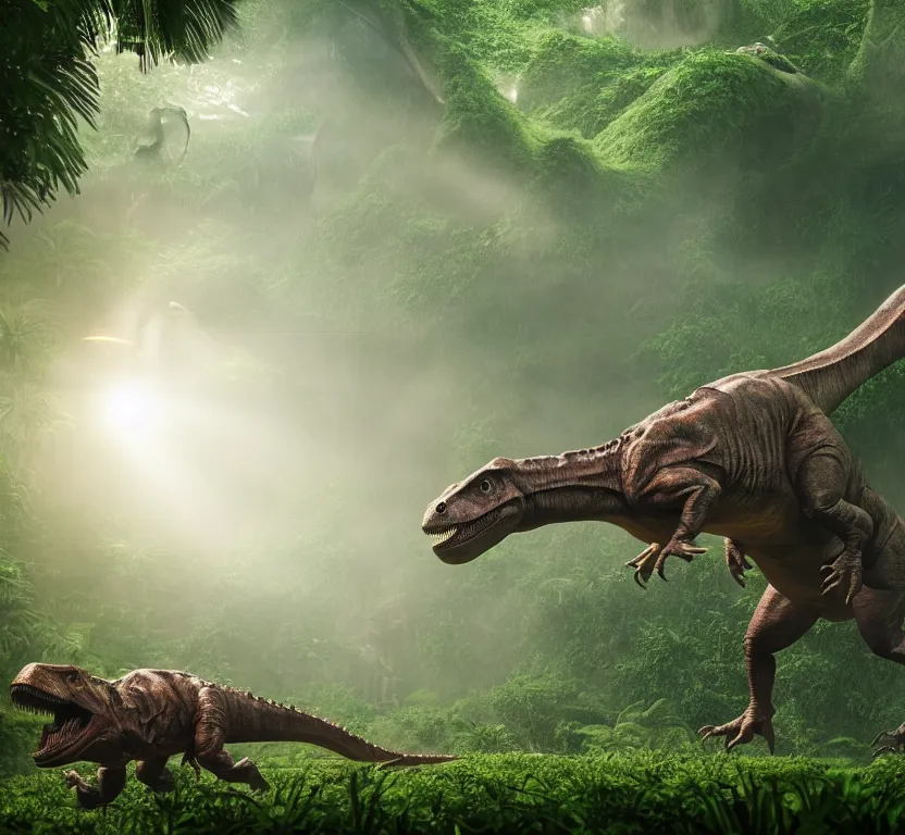 Prompt: jurassic park scene of huge trex dinosaur, mesozoic era jungle, volumetric lighting, cinematic, 8 k, jurassic world, vray render, cgi