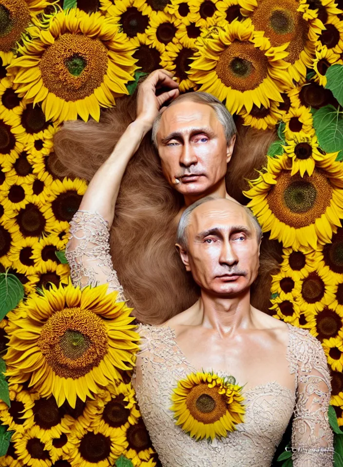 Prompt: photo portrait of Vladimir Putin - sunflowers - dressed in long elegant intricate ornamental sunflower dress, natural skin tone, highly detailed realistic flowers ornament in the upper side of breast, hair and wrinkles are intricate with highly detailed realistic flowers, elegant, Realistic, Refined, Highly Detailed, natural soft pastel lighting colors scheme, fine art photography by Cecil Beaton, volumetric lighting, hyper realistic photography