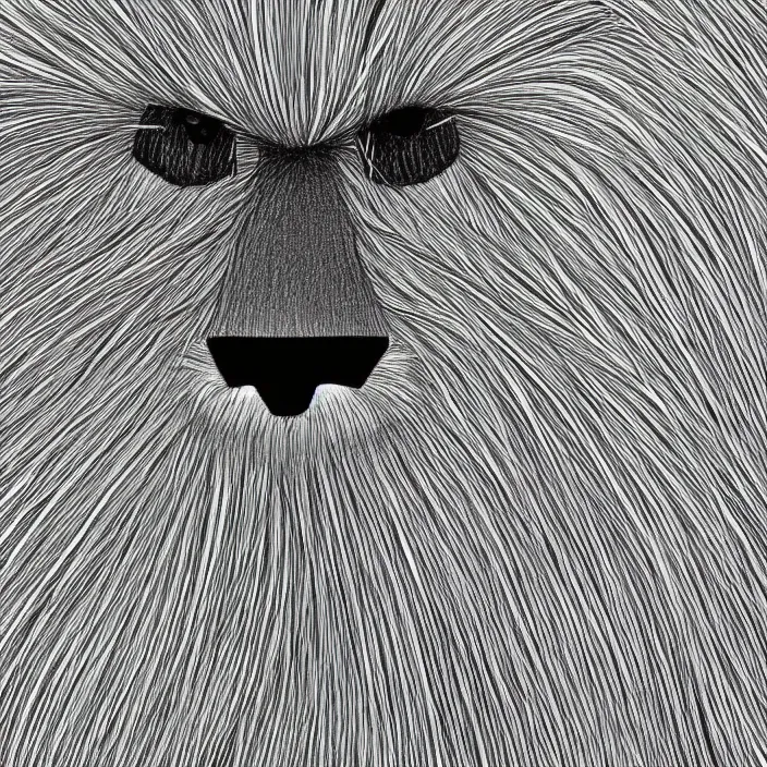 Image similar to a still frame from comic strip girl white fluffy hairy fur face, symmetrical, skin is made of white fluffy hairs, eyes made of snowflakes, close up 1 9 9 0, new yorker illustration, monochrome contrast bw, lineart, manga