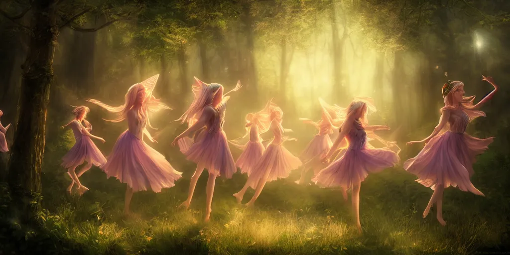 Image similar to masterpiece ephemeral elven girls dancing in the woods at dusk, by rossdraws, majestic, volumetric lighting, porcelain skin, photorealistic, intricate, trending on artstation 8 k