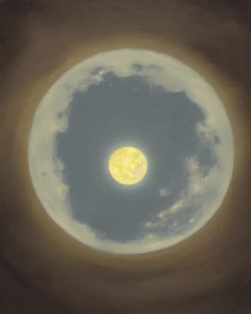 Image similar to painting of a large moon in the sky; the moon is read and has an open eye on it; there is a thin, long, blue cross-shaped star in the sky, anime, detailed, creepy, beautiful