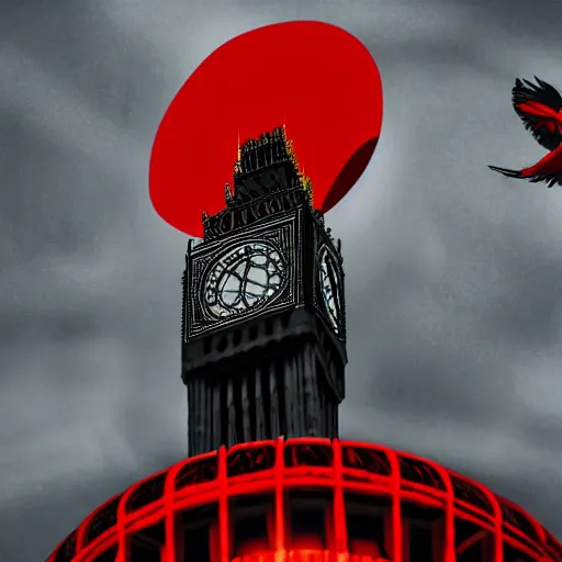 Image similar to A woman wearing a trench coat,a black hat and red high heels flying high in the sky above the tall buildings,the Big Ben is in background, top down perspective,gloomy lighting,creepy atmosphere,digital art , highly detailed , high contrast, beautiful lighting, award winning , trending on art station, 8k, photo realistic