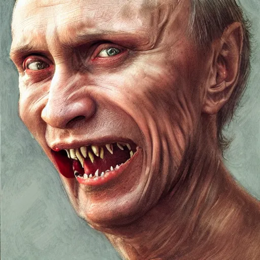 Image similar to a portrait of vladimir putin, flesh eating worms, macabre, horror rotten teeth, by donato giancola and greg rutkowski, wayne barlow, realistic face, visible face, digital art, artstation, symmetry