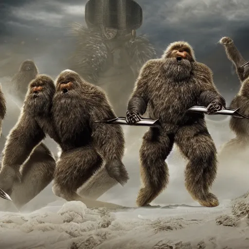 Image similar to a high detailed realistic photo of a group of armored yeti and sasquatch battling with swords shields andsd pears
