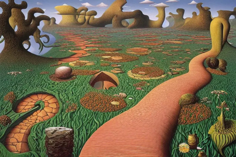 Prompt: the path less taken by jacek yerka, roger dean and salvadore dali