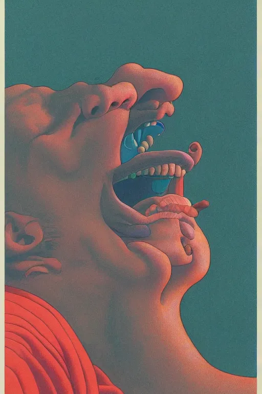 Image similar to a closeup portrait of a crazy man licking a tab of LSD acid on his tongue and dreaming psychedelic hallucinations, by kawase hasui, moebius, Edward Hopper and James Gilleard, Zdzislaw Beksinski, Steven Outram colorful flat surreal design, hd, 8k, artstation