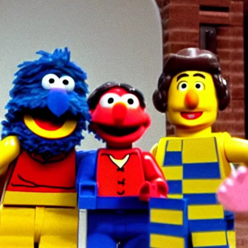 Image similar to Still from Sesame Street episode where Bert and Ernie build a Lego set