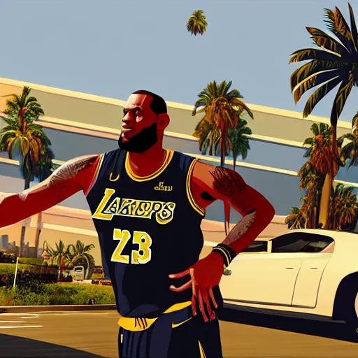 Image similar to Lebron James in GTA V . Los Santos in background, palm trees. in the art style of Stephen Bliss