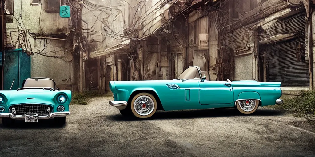 Image similar to a wholesome animation key shot of a focused old 1955 Ford Thunderbird car parked in an abandoned alleyway, medium shot, waist up, studio Ghibli, Pixar and Disney animation, sharp, very detailed, high resolution, Rendered in Unreal Engine 5, anime key art by Greg Rutkowski, Bloom, dramatic lighting