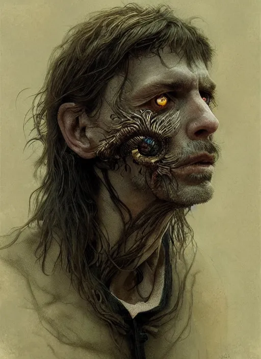 Prompt: portrait of a haggard man with mouth and eyes of a crow, nature, surreal, face, detailed, intricate, elegant, lithe, highly detailed, digital painting, artstation, concept art, smooth, sharp focus, illustration, vivid colors, art by krenz cushart and artem demura and alphonse mucha