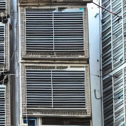 Image similar to a hong kong building side covered in wires and ac units