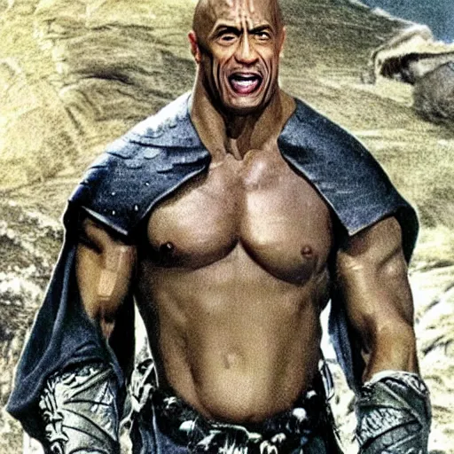 Image similar to the rock as a midget in the lord of the rings, highly detailed