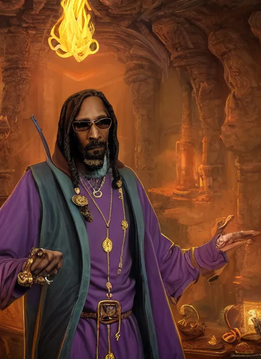 Image similar to snoop dogg as a mage, short beard, grumpy, intricate purple robes, Ivan Aivakovsky, Boris Vallejo, epic fantasy character art, D&D Concept Art, full length, ultra Realistic, Regal, Refined, Detailed Digital Art, Exquisite detail, post-processing, masterpiece, Cinematic Lighting, Unreal Engine, 8k, HD