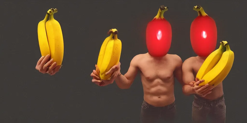 Image similar to two hands, each holding two bananas, each touching a banana on top, then touching a banana on bottom. each banana has a yellow light on top. the bananas are yellow, and there is a red light as the color of bananas, fantasy art, artstation, trending, ultra detailed, emotional