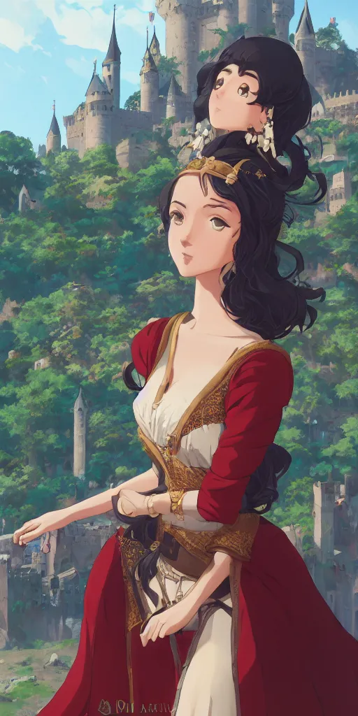 Image similar to portrait of elegant brunette as a medieval royalty, medieval castle background, shallow focus, rich vivid colors, ambient lighting, dynamic lighting, 4k, official media, anime key visual, makoto shinkai, ilya kuvshinov, lois van baarle, rossdraws, detailed, trending on artstation