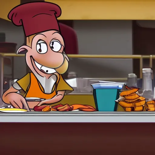 Image similar to A rat working as a chef in a run down New York City diner, High Definition Animated Still