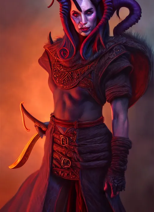 Image similar to tiefling bard, full body, hyper realistic, extremely detailed, dnd character art portrait, dark fantasy art, intricate fantasy painting, dramatic lighting, vivid colors, deviantart, artstation, by sarah stone.