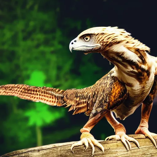 Image similar to hawk morphed with a velociraptor hybrid animal, high quality photo taken in zoo, realistic