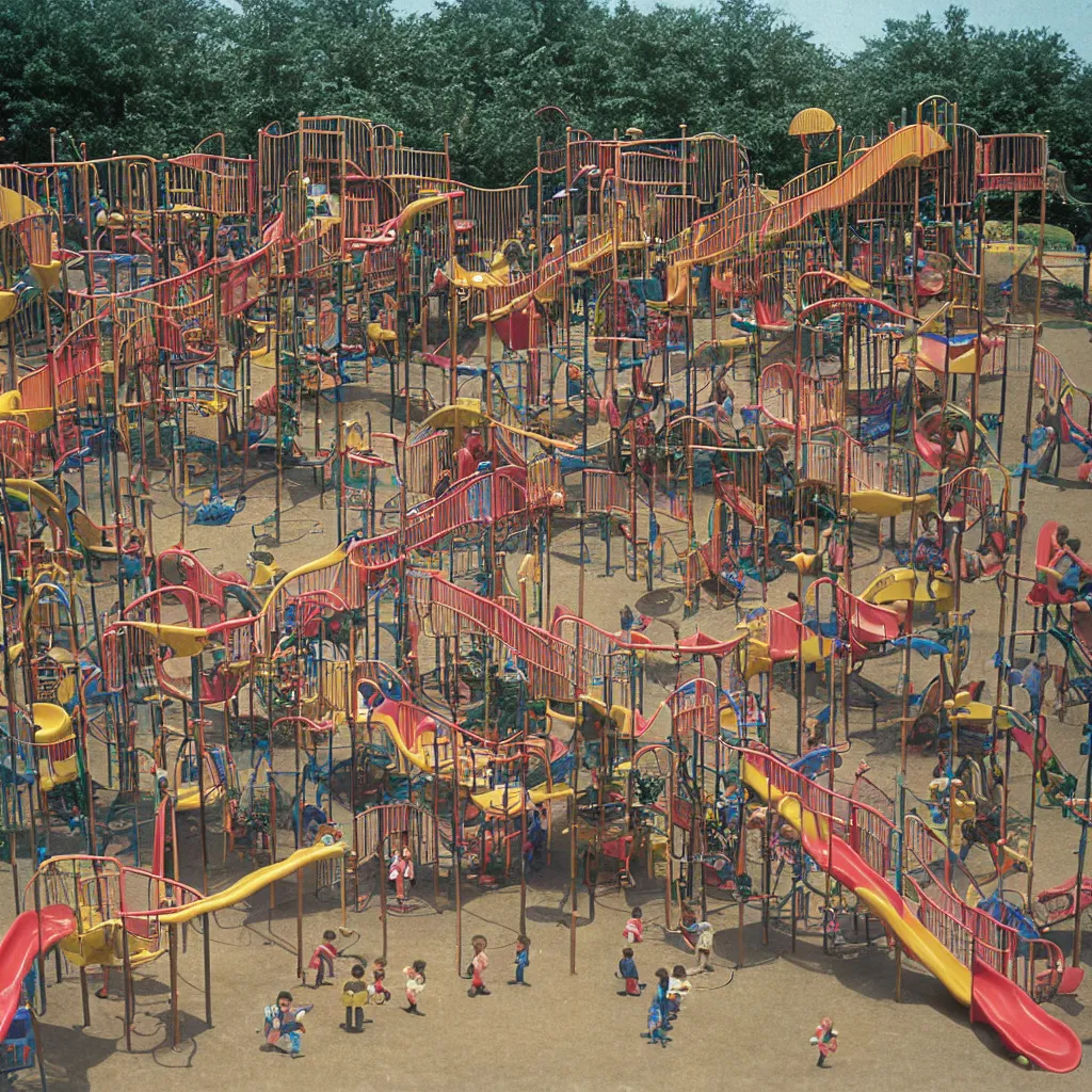 Prompt: full - color 1 9 7 0 s photo of a vast incredibly - large complex very - dense tall many - level playground in a crowded schoolyard. the playground is made of wooden planks, rubber tires, metal bars, and ropes. it has many spiral staircases, high bridges, ramps, balance beams, and metal tunnel - slides.