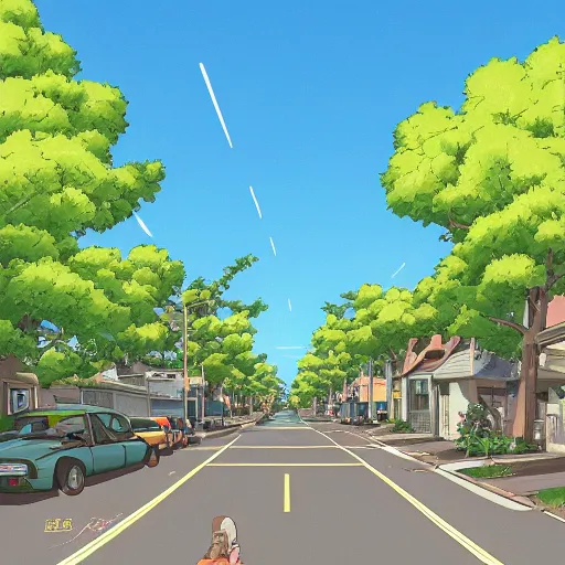 Image similar to neighborhood street, uptown street, golden hour, golden sunshine, trees over road, shining sun in distance, trees, juniper trees, oak trees, cars parked in street, long street, distance, cel - shaded, raytracing, cel - shading, toon - shading, 2 0 0 1 anime, flcl, jet set radio future, drawn by artgerm