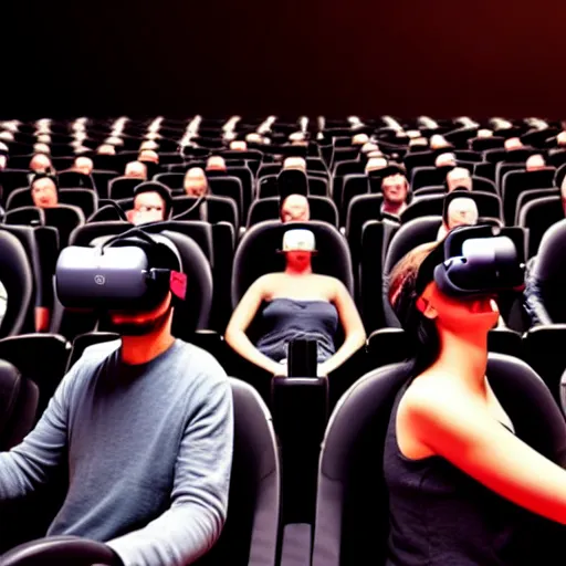 Image similar to people in a busy very dark movie theatre, all of they are wearing vr headsets with art direction by salvador dali, wide lens