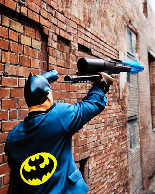 Image similar to happy batman firing super soaker water gun in an alleyway, everyone having fun, toy product advertisement, photography