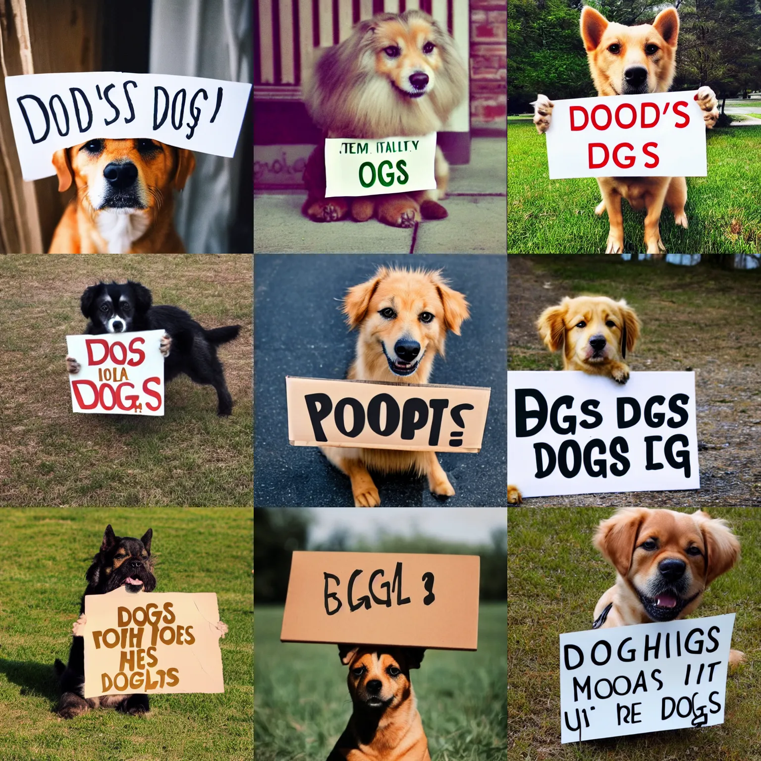 Image similar to realistic high quality photo of a cute dog holding a sign with text that reads : dogs
