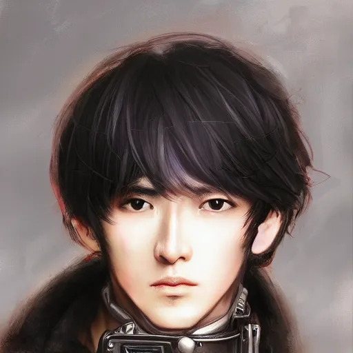 Prompt: portrait of a man by ayami kojima, korean, he is about 2 0 years old, short black hair with bangs, very tall and slender, smart looking, he is wearing a steampunk tactical gear, highly detailed portrait, digital painting, artstation, concept art, smooth, sharp foccus ilustration, artstation hq