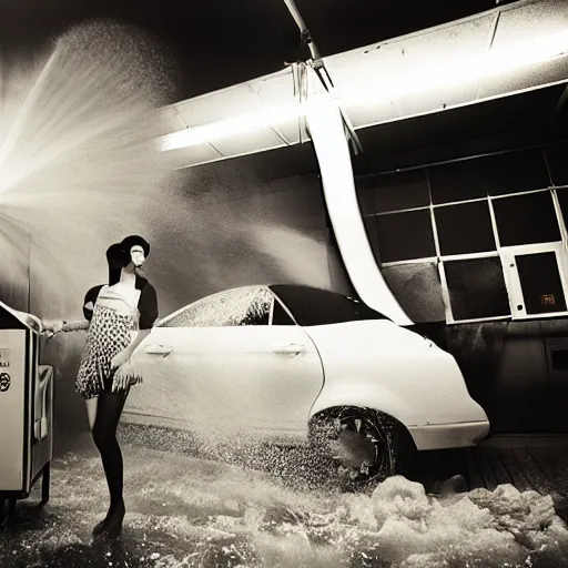 Image similar to medium format photograph of a surreal fashion shoot in a car wash, camera flash