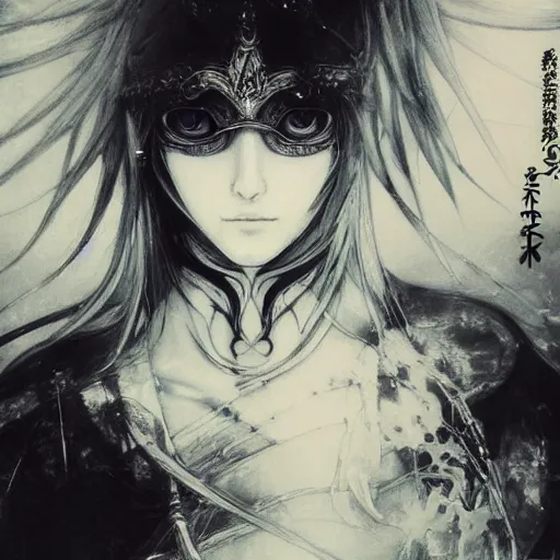 Image similar to Yoshitaka Amano blurred and dreamy illustration of an anime girl with pirate eye patch, wavy white hair and cracks on her face wearing Elden ring armour with the cape fluttering in the wind, abstract black and white patterns on the background, noisy film grain effect, highly detailed, Renaissance oil painting, weird portrait angle