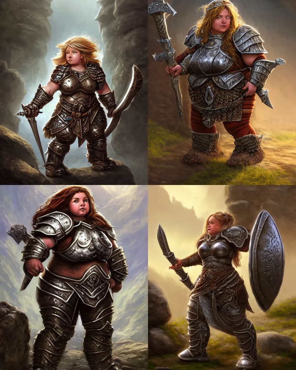 Image similar to robust female dwarf warrior wearing heavy plate armor, strong chubby stocky body, at the stone ruins, rpg artwork, hyperdetailed, hyperrealistic, soft light, imposing presence, jeff easley and scott m fischer, artstation, intricate metal, smooth, sharp focus