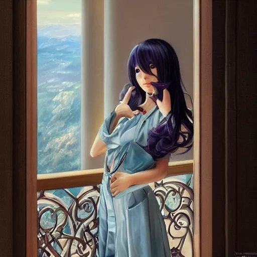 Prompt: Kotomi Ichinose waiting for someone on the balcony, professional modeling, looking down on the camera, detailed, centered, digital painting, artstation, concept art, donato giancola, Joseph Christian Leyendecker, WLOP, Boris Vallejo, Breathtaking, 8k resolution, extremely detailed, beautiful, establishing shot, artistic, hyperrealistic, beautiful face, octane render, cinematic lighting, dramatic lighting, masterpiece