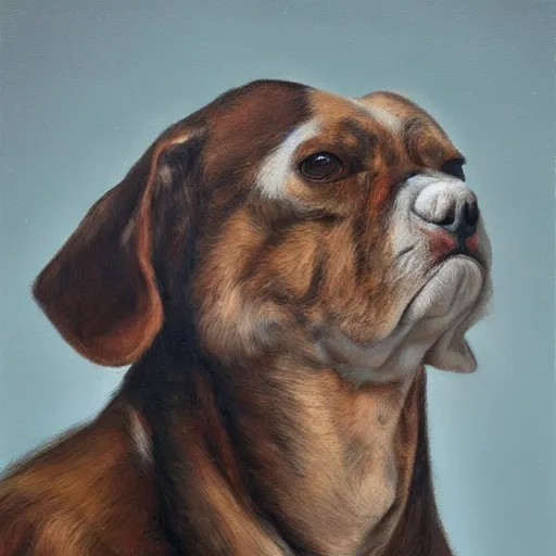 Prompt: Slavic dog head man, oil painting, full-length hyperrealism, beautiful, high resolution, trending on artstation,